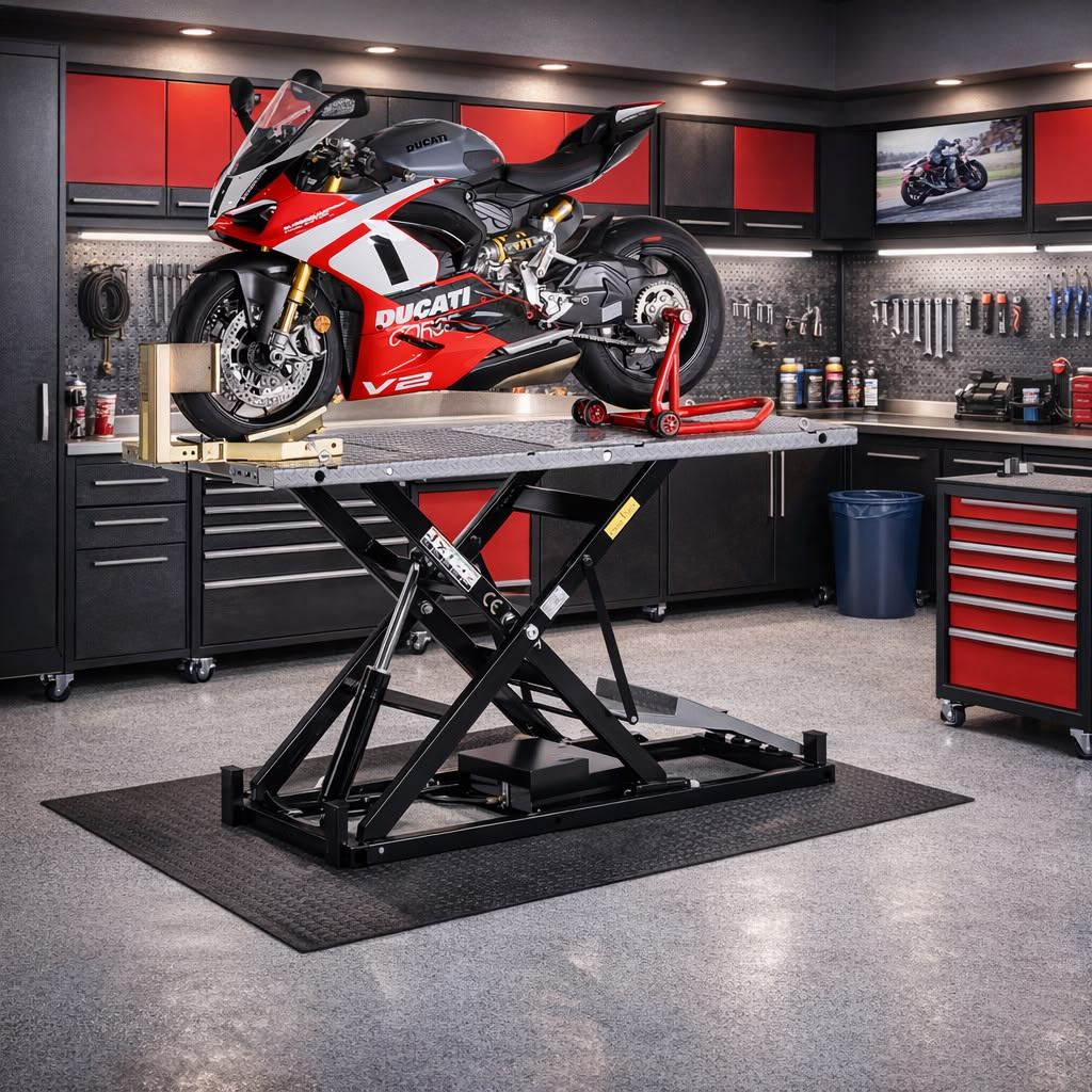 Taller de motos con una moto deportiva sobre el elevador